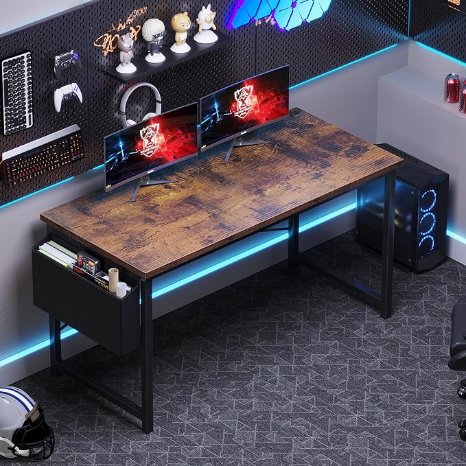 OLIXIS Computer Desk, 55 Inch Gaming Desks for Home Office Small Spaces | Writing Study Craft Work Table, Computer Workstation for Bedroom with Storage Bag, Rustic Brown - Image 2