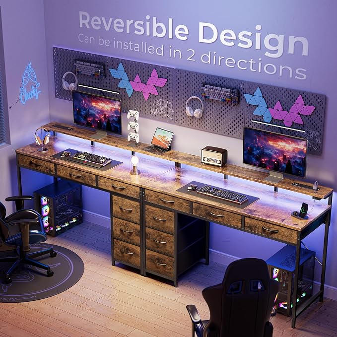 Huuger Gaming Desk with 6 Drawers, Computer Desk with LED Lights Power Outlets and Type-C, 47 Inch Office Desk with Storage, Monitor Stand, Writing Work Desk for Home Office, Rustic Brown - Image 9