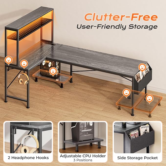 PRAISUN L Shaped Gaming Desk with LED Lights & Power Outlets, Reversible Computer Desk with Storage Shelves & Bag, Large Corner Home Office Desk with Pegboard for Work from Home, Grey - Image 9