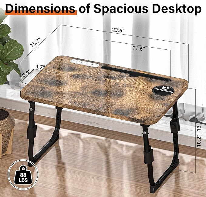 Lap Desk for Bed, Adjustable Laptop Desk with USB Charging Port, Storage Drawer & Bookshelf — Foldable Bed Desk for WFH & Students, 23.6" Desktop Fits 17" Laptop, Non-Slip, Carbonized - Image 4