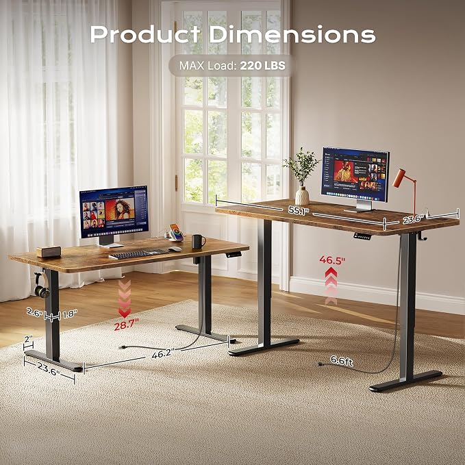 Huuger Electric Standing Desk with Power Outlets and USB-C Port, 55 X 24 Inch Height Adjustable Desk, Sit Stand Desk for Home Office, Computer & Gaming Desk with 4 Presets, Rustic Brown - Image 5