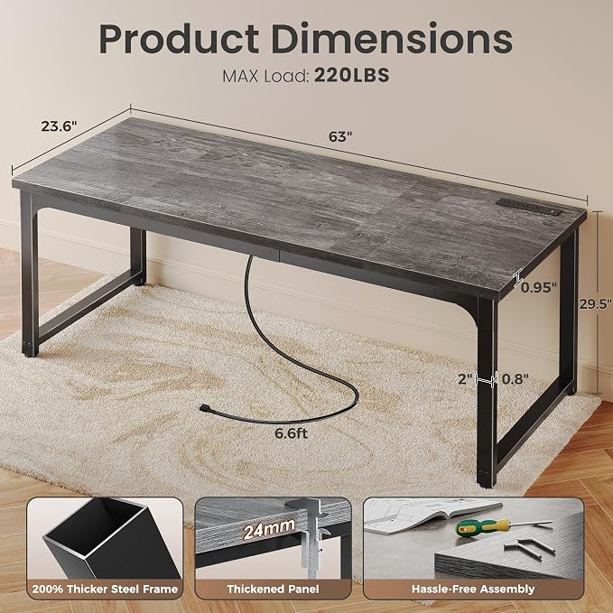 Huuger 63 x 24 inch Desk with Power Outlets & USB-C, Deeper & Thicker Desktop, Robust Metal Tubes, Computer Desk, Heavy Duty Office Desk, Work Gaming Desk, for Home Office, Grey - Image 2