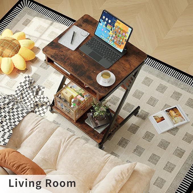 ALISENED Computer Desk for Small Spaces, 23.6" Z-Shaped Compact Study Table with Smooth Keyboard Tray with Wheels and Bottom Shelves for Home Office, Computer Cart Mobile Laptop Cart, Rustic Brown | 23.6" Z-Shaped, with Wheels and Bottom Shelves, for H... - Image 2