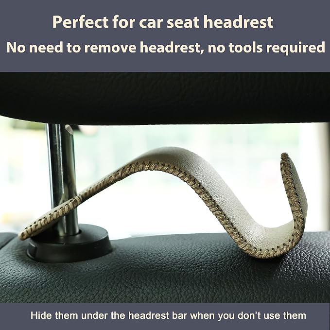 Amooca Car Seat Headrest Hook 4 Pack Metal Core Hanger Universal Car Storage Organizer for Handbag Purse Coat S Type Leather Beige - Image 6