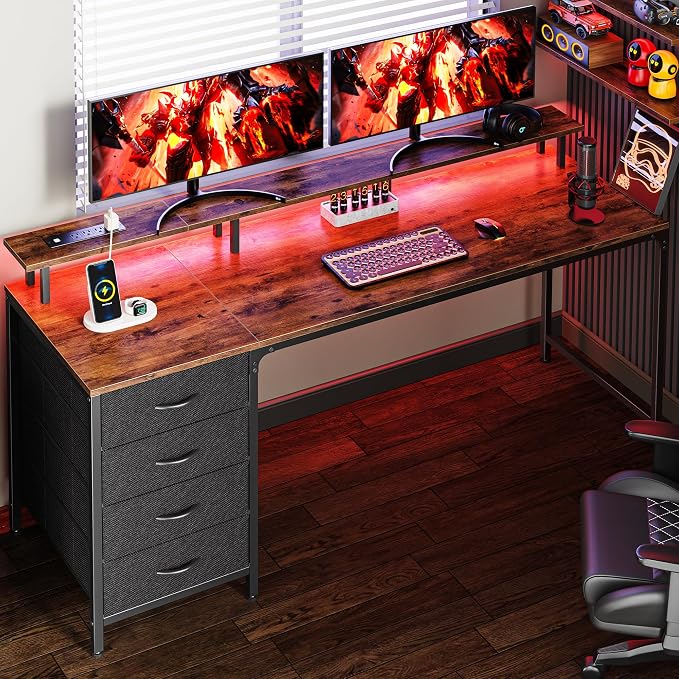 Huuger 63 Inch Rustic Brown Gaming & Office Computer Desk with 4 Drawers, Monitor Stand, LED Lights & Power Outlets by Huuger