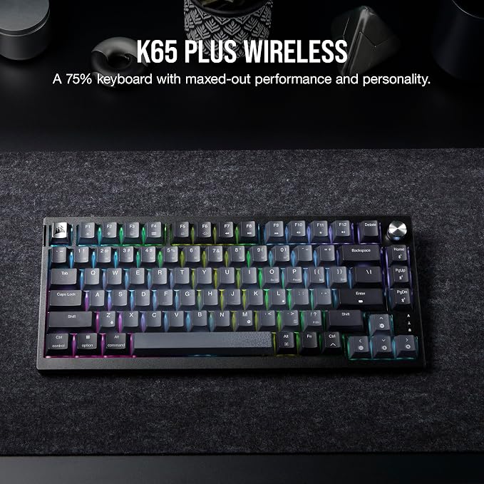Corsair K65 Plus Wireless 75% RGB Mechanical Gaming Keyboard – Pre-Lubricated MLX Red Linear Switches – PBT Dye-Sub Keycaps – PC, Mac, PS5, PS4, Xbox, iPad – QWERTY NA – Black/Gray - Image 2