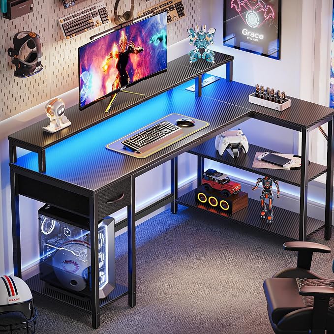 SUPERJARE 53 inch Reversible L Shaped Desk with LED Lights & Power Outlets, Computer Desk with Shelves & Monitor Stand, Gaming Desk with Drawer, Home Office Desk, Carbon Fiber Black - Image 2