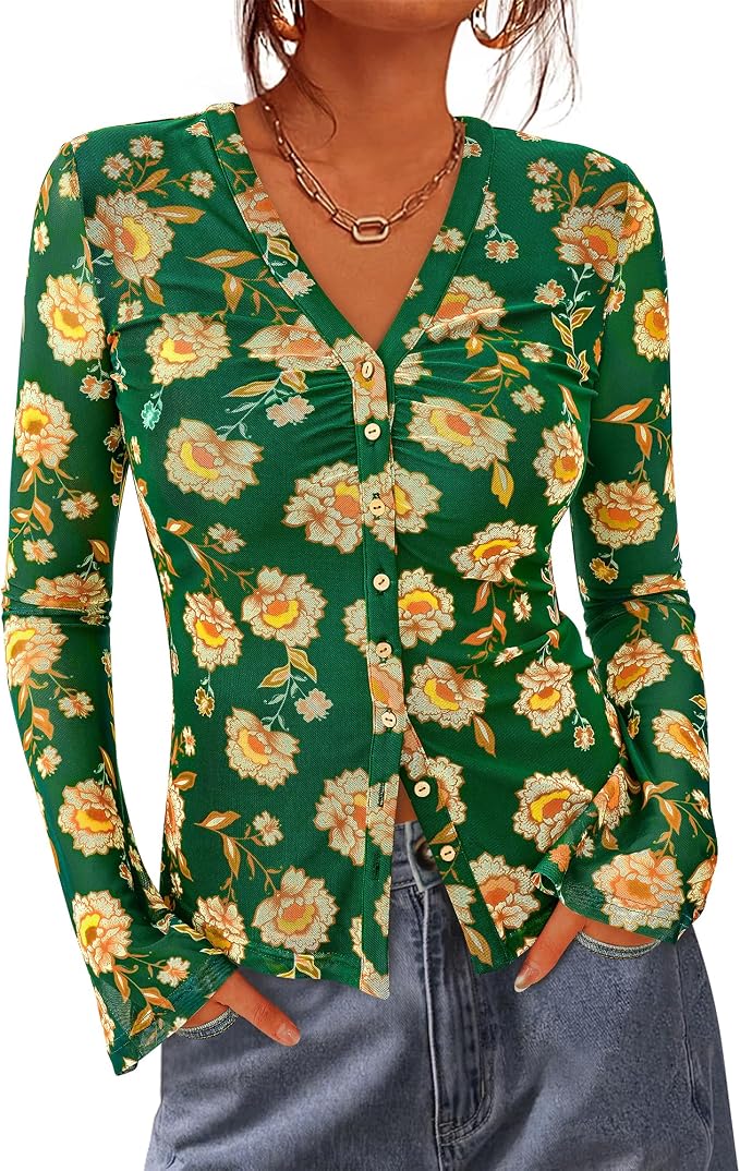 BTFBM Button Down Shirts for Women 2026 Fall Boho Tops V Neck Long Sleeve Blouses Ruched Mesh Fitted Fashion Clothing by BTFBM