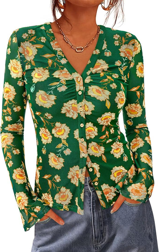 BTFBM Button Down Shirts for Women 2026 Fall Boho Tops V Neck Long Sleeve Blouses Ruched Mesh Fitted Fashion Clothing by BTFBM