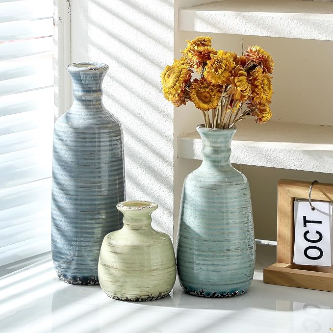 Ceramic Vase Set of 3, Rustic Neutral Vases Home Decor Farmhouse Decorative Flower Vase Modern Boho Pampass Vases for Table Mantel Entryway Shelf Living Room Kitchen Bathroom - Multicolor - Image 5