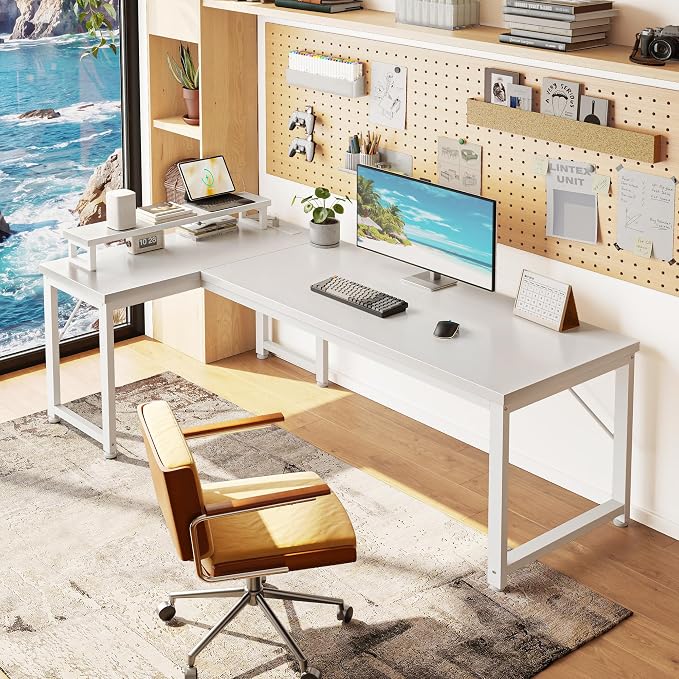 PRAISUN 53" L Shaped Computer Desk, Power Outlets, Monitor Stand, White | USB-C Ports, Reversible Charging Station, Spacious Desktop & Legroom, 0.94 Inch Thick Desktop, for Gaming, Study & Work - Image 2