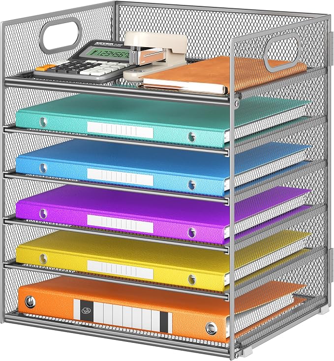 6 Tray Paper Organizer Letter Tray with Handle - Mesh Desk File Folder Holder, Paper Sorter for Office, Home or School - Silver by Lavatino