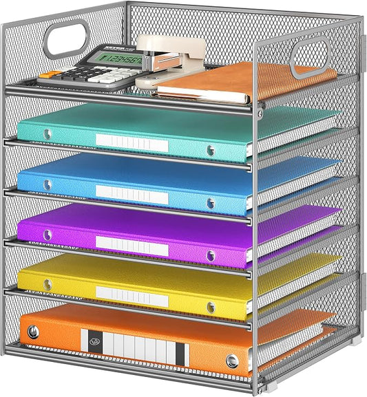 6 Tray Paper Organizer Letter Tray with Handle - Mesh Desk File Folder Holder, Paper Sorter for Office, Home or School - Silver by Lavatino