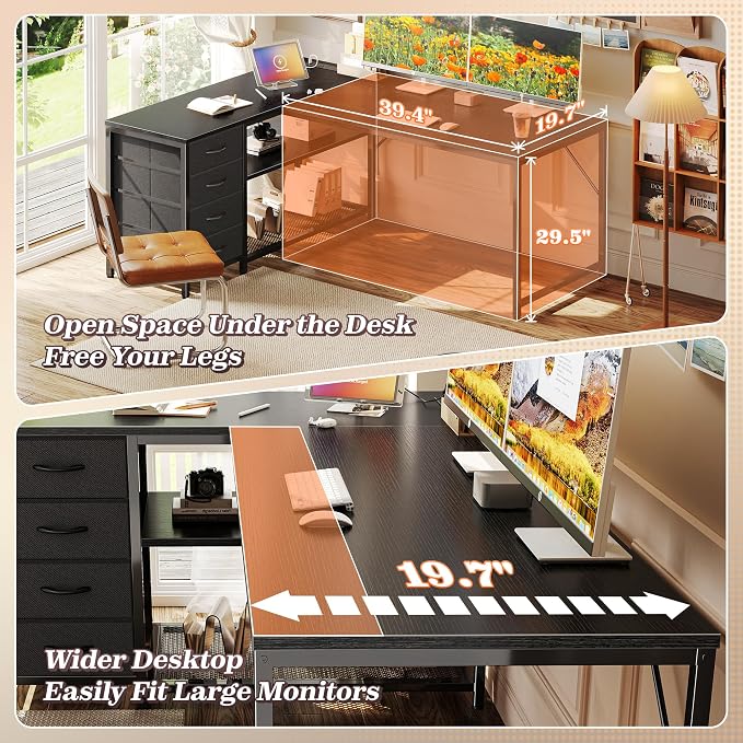 PRAISUN 53" L Shaped Desk with Power Outlets & USB-C Port, Reversible Computer Corner Office Desk with 4 Fabric Drawers and 2 Storage Shelves, Large Desk for Gaming Writing Work Study, Black - Image 5