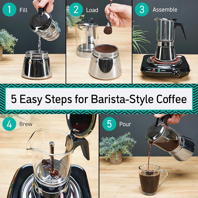 Coffee Gator 4 Cup Moka Pot, 6.7oz Stovetop Espresso Maker for Italian Coffee, Transparent Glass & Stainless Steel Design, Silver, 200ml - Image 8