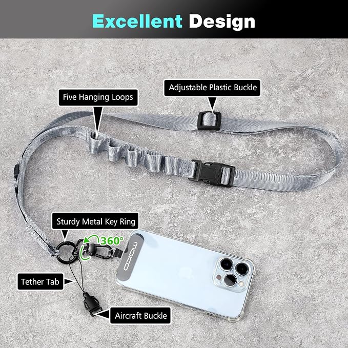 MoKo Universal Phone Lanyard, Nylon Adjustable Cell Phone Crossbody Strap Detachable Women & Men Cellphone Lanyards Around the Neck with Patches for iPhone, Most Smartphone, Dark Gray - Image 2