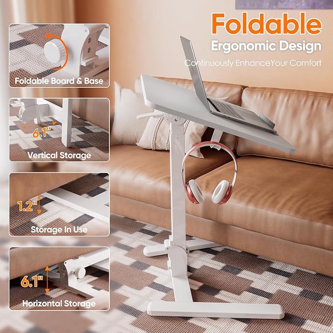Monomi Mobile Folding Desk, Metal Furniture Small Sit-Stand Height Adjustable Rolling Laptop Desk, Space-Saving Portable Desk with Wheels for Home Office Craft & Study, White - Image 5