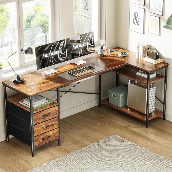 Huuger L Shaped Desk with Power Outlets, 63 Inch Reversible Computer Desk with 3 Drawers and Shelves, Home Office Table for Corner Work Study Writing Gaming, Rustic Brown - Image 2
