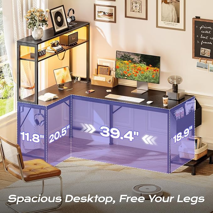 PRAISUN L Shaped Gaming Desk with LED Lights & Power Outlets, Reversible Computer Desk with Storage Shelves & Bag, Large Corner Home Office Desk with Pegboard for Work from Home, Black - Image 5