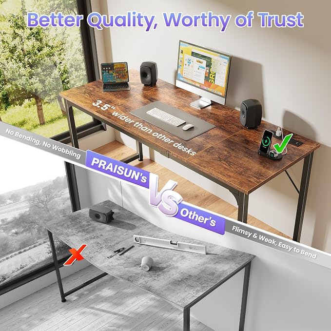 PRAISUN 63 X 24 Inch Computer Desk, Power Outlets, USB-C, Rustic Brown | Office Desk with 4 AC Outlets, USB & USB-C, Sturdy Metal Frame, Spacious Desktop for Work, Writing, Study & Gaming - Image 6