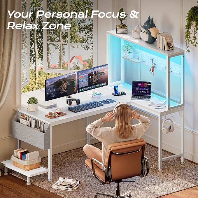 PRAISUN L Shaped Gaming Desk with LED Lights & Power Outlets, Reversible Computer Desk with Storage Shelves & Bag, Large Corner Home Office Desk with Pegboard for Work from Home, White - Image 6
