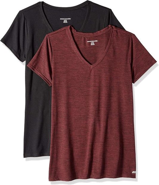 Amazon Essentials Women's Active Quick Dry Tech Stretch Short-Sleeve V-Neck T-Shirt (Available in Plus Size), Pack of 2 by AmazonEssentials