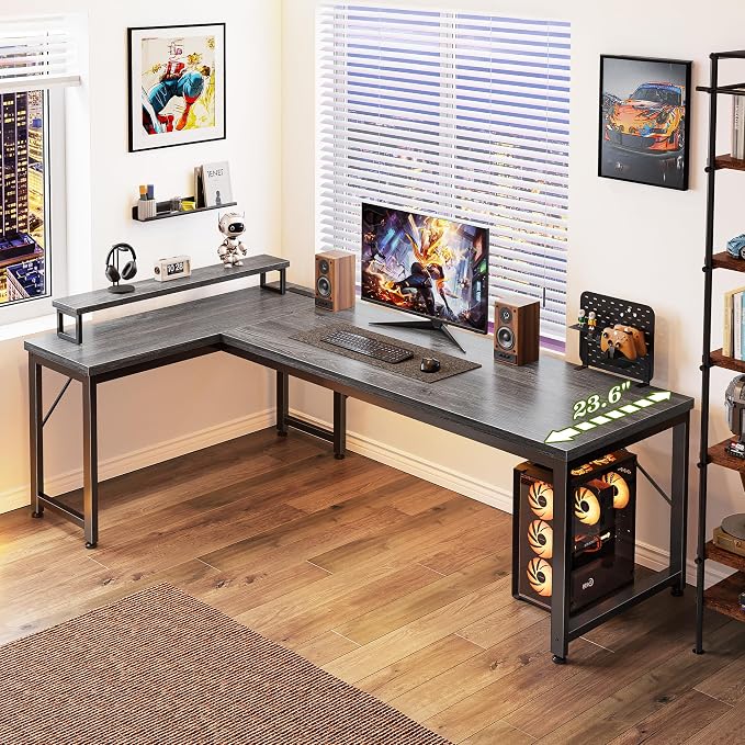 PRAISUN 61" L Shaped Computer Desk, Power Outlets, Monitor Stand, Grey | USB-C Ports, Reversible Charging Station, Spacious Desktop & Legroom, 0.94 Inch Thick Desktop, for Gaming, Study & Work - Image 7