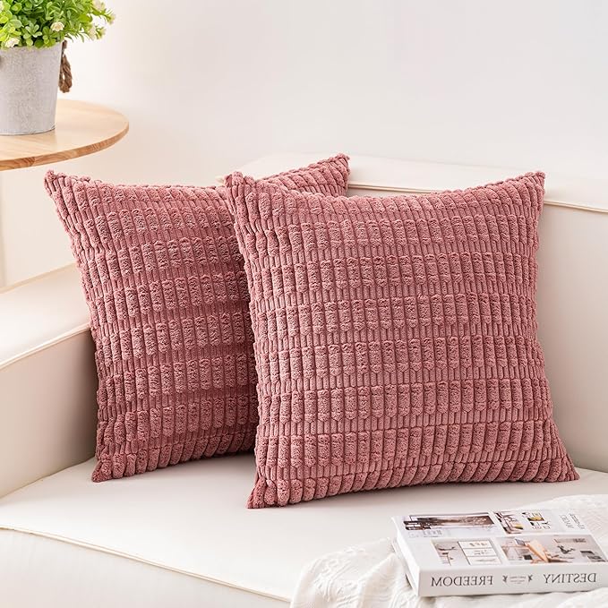 Aegero Pack of 2 Corduroy Decorative Throw Pillow Covers 18x18 Inch Soft Striped Pillow Covers Modern Farmhouse Home Decor for Sofa Living Room Couch Bed（Peach Pink） by Unknown
