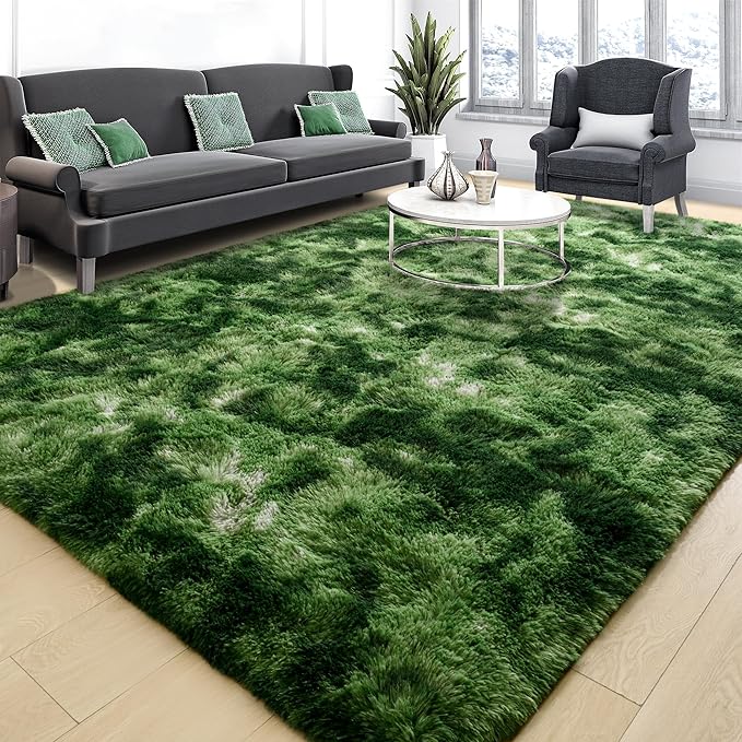 Tepook Fluffy Dark Green Rugs for Living Room Bedroom, 8x10 Soft Area Rug Tie-Dyed Forest Moss Green Kids Girls Boys Rug, Indoor Plush Shaggy Non-Slip Carpet for Nursery Classroom Dorm Home Decor - Image 3