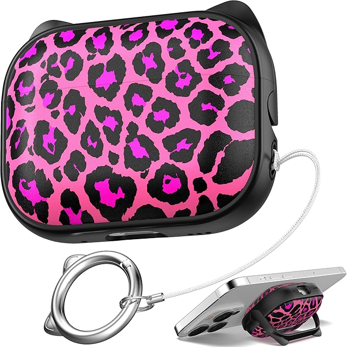 for AirPods Pro 2 Case with Cleaning Kit, Cute Cat Ear Print Design & Cute Buckle for Girls, Phone Holder & Top Safe Lock Buckle Design for AirPods Pro 2nd/1st Gen case, Rose Leopard by MHYALUDO