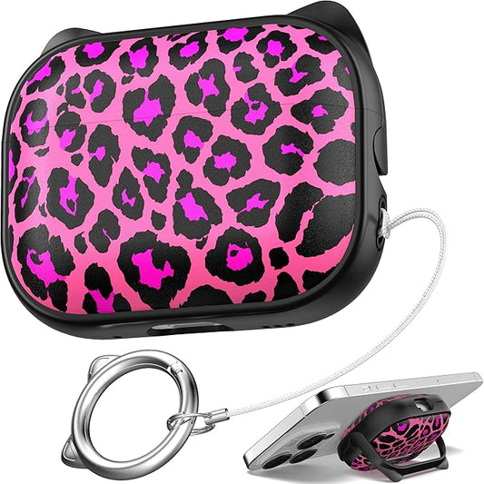 for AirPods Pro 2 Case with Cleaning Kit, Cute Cat Ear Print Design & Cute Buckle for Girls, Phone Holder & Top Safe Lock Buckle Design for AirPods Pro 2nd/1st Gen case, Rose Leopard by MHYALUDO