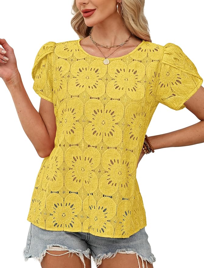OFEEFAN Blouses for Women Dressy Casual Petal Short Sleeve Shirts Crochet Lace Boho Tops Spring Fashion Summer Outfits - Image 3