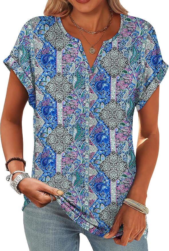 Womens Tops Dressy Casual V Neck Rolled Sleeve T Shirts Fashion Clothing Business Casual Outfits Beach Vacation Clothes - Image 2