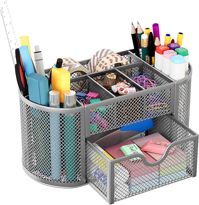 EasyPAG Mesh Pen Holder Desk Organizer with Drawer Stationery Supplies Organizer for Dorm School 9 Compartments Workspace Desk Accessories Organization for Office, Silver by EasyPAG