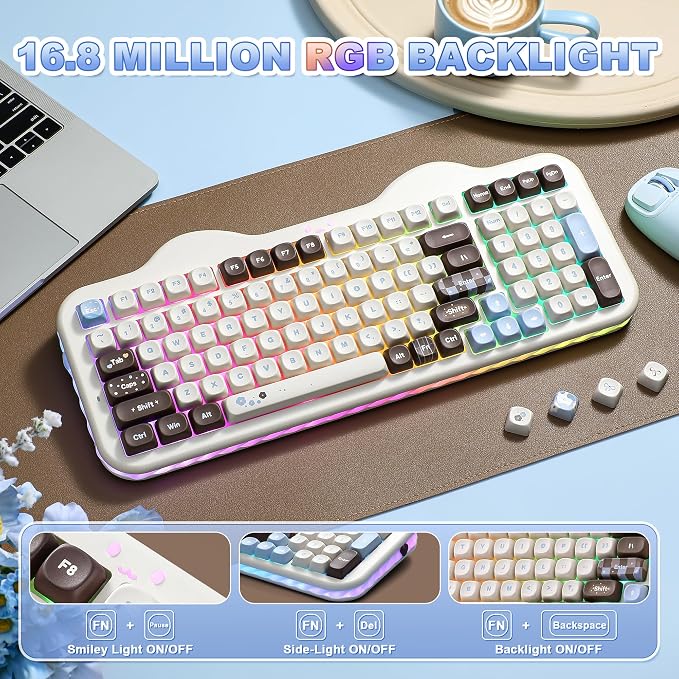 YUNZII C98 Cute Cake Wireless Mechanical Keyboard (Choco, Milk Switch) | 99 Keys with Number Pad, Hot Swap, PBT MOA Keycaps, BT5.0/2.4G/USB-C, Gasket Mount, Custom RGB Backlit for Win/Mac - Image 7