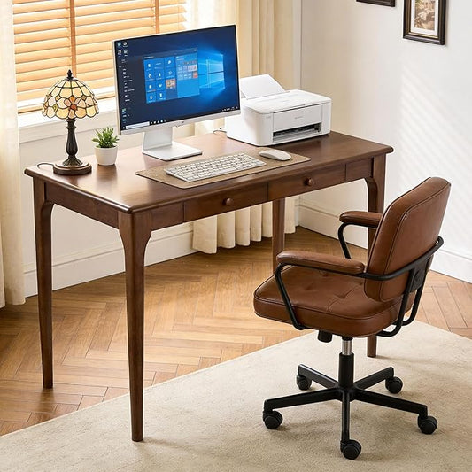 40" Walnut Solid Wood Desk with Drawers,Mid Century Modern Natural Real Wood Writing Desk,Home Bedroom Small Spaces Computer Office Workstation Desks by KTVVKTVV