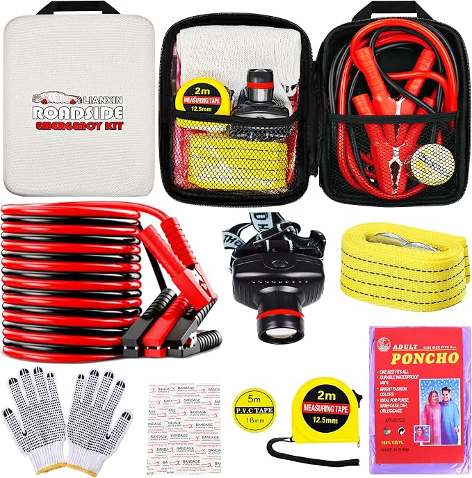 LIANXIN Emergency Car Kit with Jumper Cables Headlamp Car Safety Kits Pale | Roadside Car Emergency Kit Tow Straps, Tape Measure, Rainwear, Multi-tool Kit, Breakdowns Gifts for New Drivers by LIANXIN