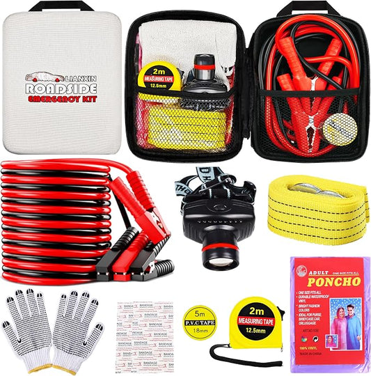 LIANXIN Emergency Car Kit with Jumper Cables Headlamp Car Safety Kits Pale | Roadside Car Emergency Kit Tow Straps, Tape Measure, Rainwear, Multi-tool Kit, Breakdowns Gifts for New Drivers by LIANXIN