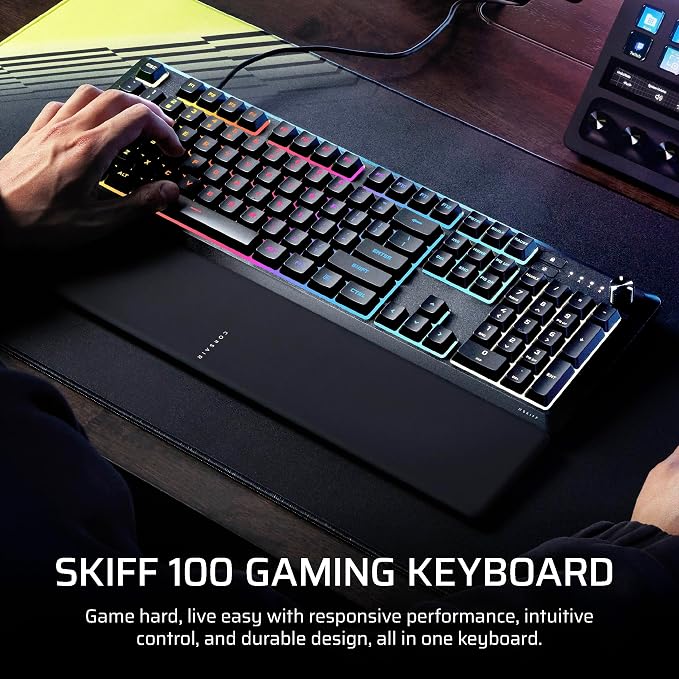 Corsair Skiff 100 Quiet RGB Wired Membrane Gaming Keyboard – QWERTY US, IP53 Spill & Dust Resistant, Responsive Keys, Media Dial – Black - Image 2