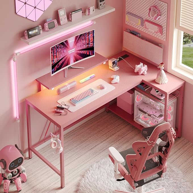 Bestier 52-Inch L-Shaped Gaming Desk with Charging & LED, Pink | Charging 3AC+2USB, RGB LED 20 Colors/22 Modes, Reversible Storage Shelves, Carbon Fiber Texture, Headphone Hook, 52 in - Image 7