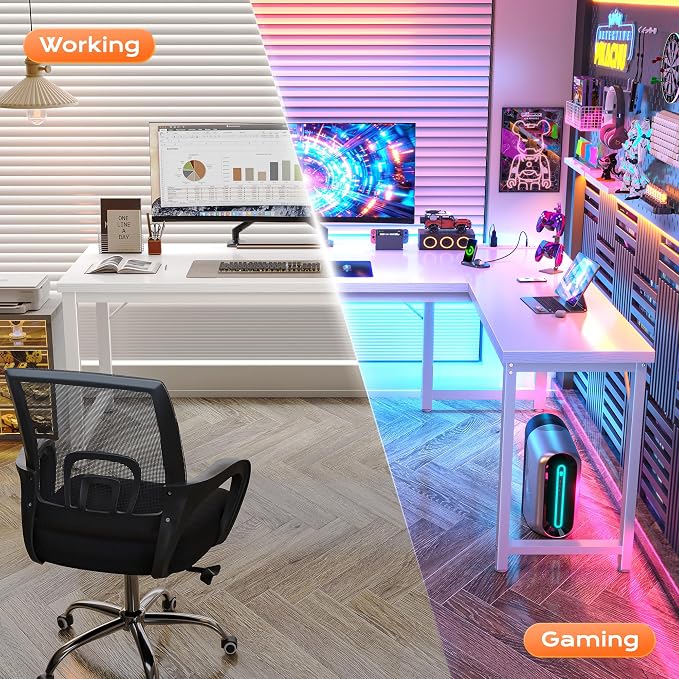 Huuger 63 Inch L Shaped Desk with Power Outlets and USB-C Port, Reversible Computer, Larger Office Corner Gaming Desk, 0.95 Inch Thicker Desktop, Metal Frame, for Home Office, Study, White - Image 6