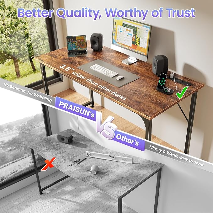 PRAISUN 47 X 20 Inch Computer Desk, Power Outlets, USB-C, Rustic Brown | Office Desk with 4 AC Outlets, USB & USB-C, Sturdy Metal Frame, Spacious Desktop for Work, Writing, Study & Gaming - Image 6
