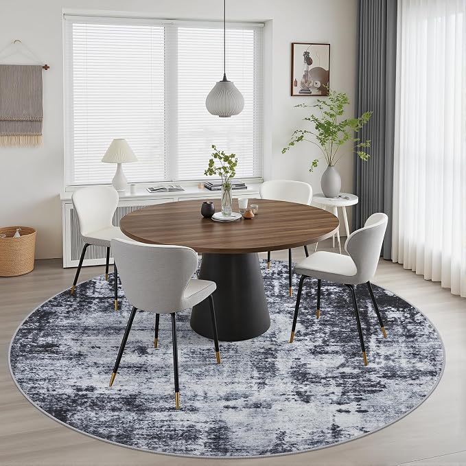 Round Area Rug for Living Room: 6 ft Washable Modern Abstract Soft Thin Rug Indoor Floor No Slip Stain Resistant Carpet for Bedroom Dining Room Farmhouse Nursery Home Office - Dark Black - Image 3