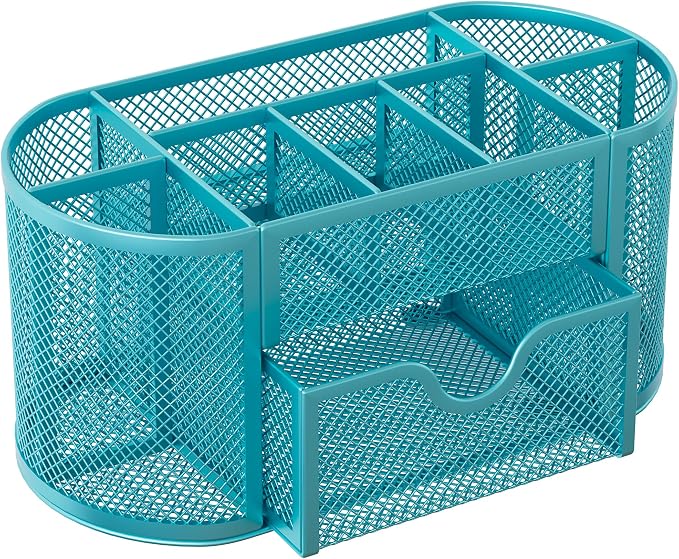 EasyPAG Mesh Pen Holder Desk Organizer with Drawer Stationery Supplies Organizer for Dorm School 9 Compartments Workspace Desk Accessories Organization for Office, Blue - Image 2