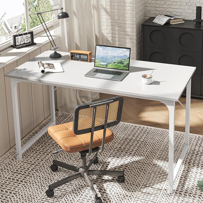 Huuger Computer Desk, 48 Inch Office Desk, Gaming Desk with Storage, Writing Desk Work Desk for Home Office, Study, Modern Simple Desk, Large Legroom, Metal Frame, White - Image 6