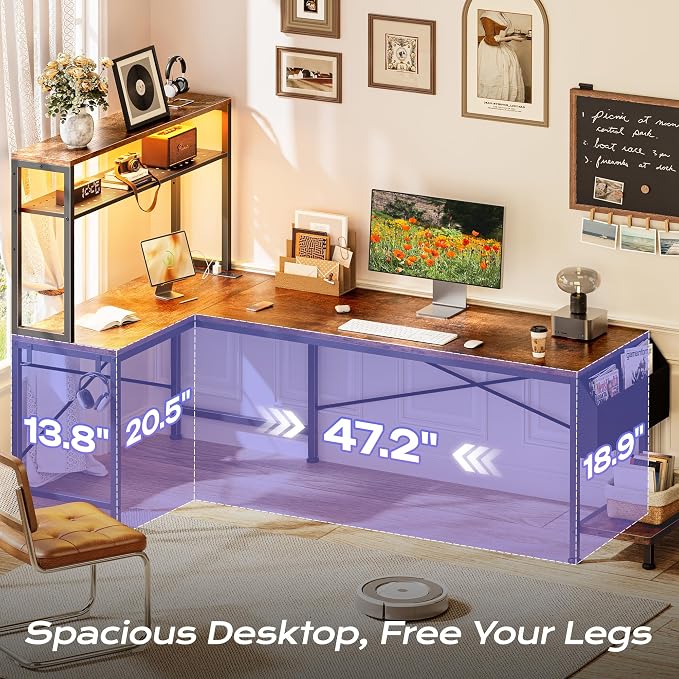 PRAISUN L Shaped Gaming Desk with LED Lights & Power Outlets, Reversible Computer Desk with Storage Shelves & Bag, Large Corner Home Office Desk with Pegboard for Work from Home, Rustic Brown - Image 5