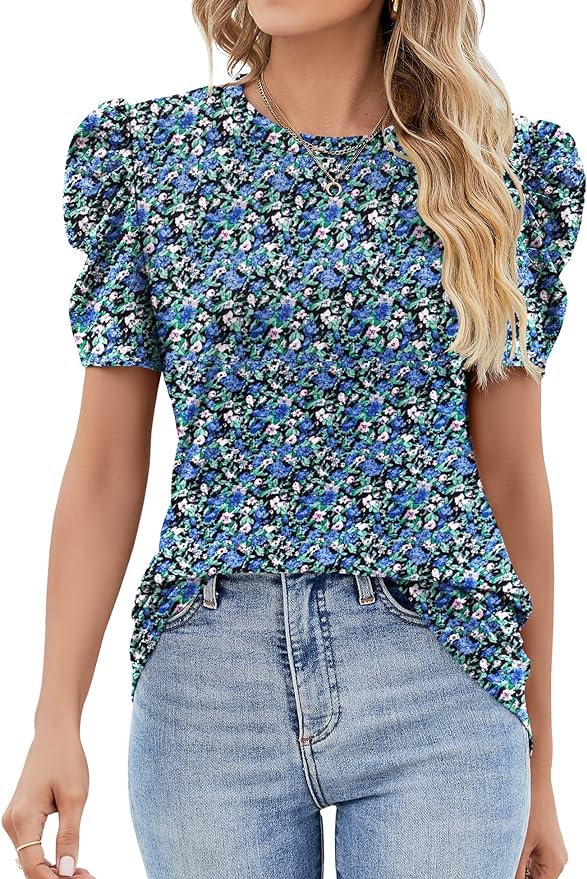 Ivicoer Puff Short Sleeve Shirt for Women Eyelet Tops Summer Crewneck Blouse Loose Fit S-XXL by Ivicoer