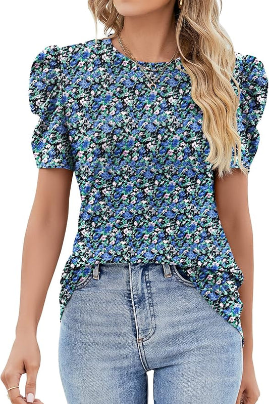 Ivicoer Puff Short Sleeve Shirt for Women Eyelet Tops Summer Crewneck Blouse Loose Fit S-XXL by Ivicoer