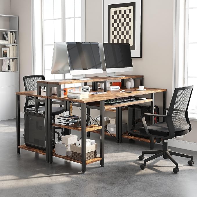 VERMESS 48Inch Computer Desk, Home Office Desks with Keyboard Tray, Gaming Desk with CPU Stand Shelf,Industrial Study Table Wide Writing Desk with Storage Shelves for 2 Monitors, Rustic Brown - Image 7