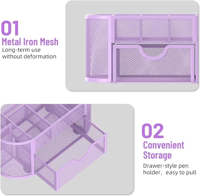 Mesh Desk Organizer with Drawer, 9-Compartment Pen Holder for Desk, Purple | Pull-Out Drawer Stores Pens, Pencils, Clips, Notes, and Small Office or School Supplies in One Compact Desk Caddy - Image 5